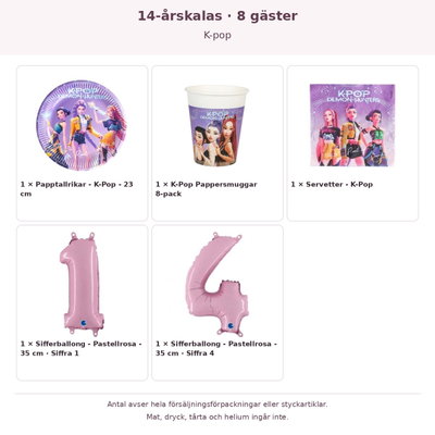 14-årskalas, K-pop, kalaspaket, 8 gäster – innehåll och antal förpackningar