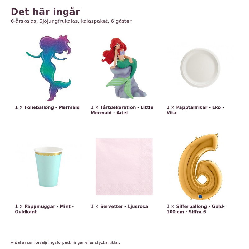6-årskalas, Sjöjungfrukalas, kalaspaket, 6 gäster – innehåll och antal, sifferballong 100 cm