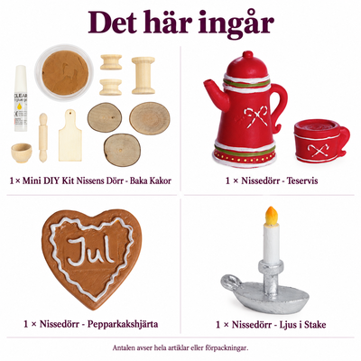 Det här ingår i Nissens lilla julbageri – forma kakor och duka en miniatyrpaus