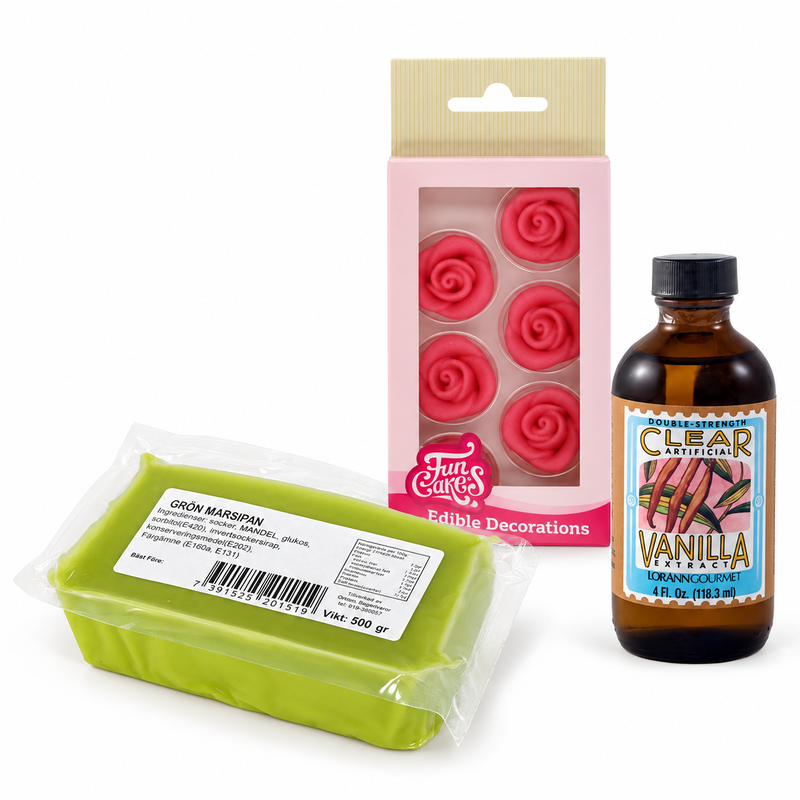 Produktöversikt: Grön marsipantårta med rosor och vaniljfyllning