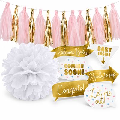 Överraskningsbabyshower – entré och fotorekvisita – samlat paketinnehåll