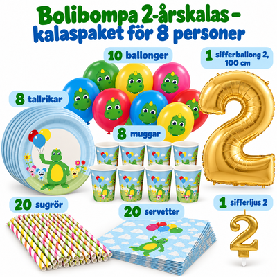 Bolibompa 2-årskalas – kalaspaket för 8 personer – paketets innehåll och antal