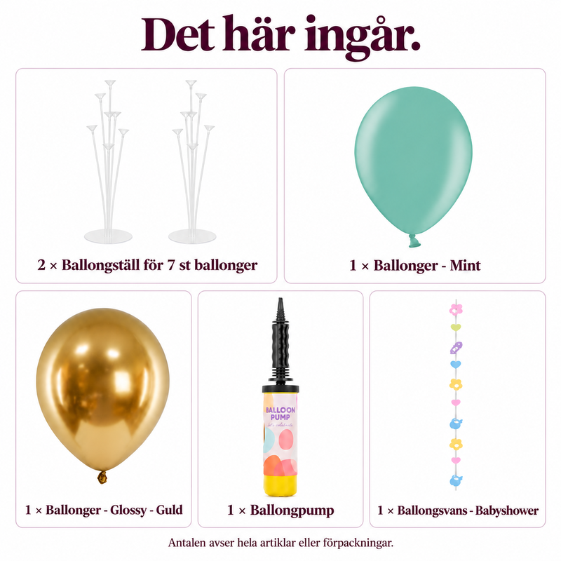 Babybukett utan helium – två fristående ballongställ – innehåll och antal försäljningsförpackningar