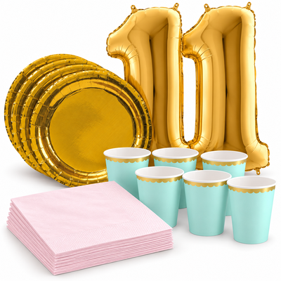 11-årskalas, Mint, rosa och guld, kalaspaket, 6 gäster – samlat paketinnehåll