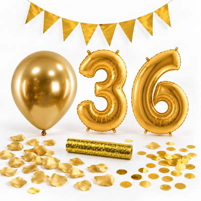 36-års festpaket, Guld, Stor – paketets dekorationer på vit bakgrund