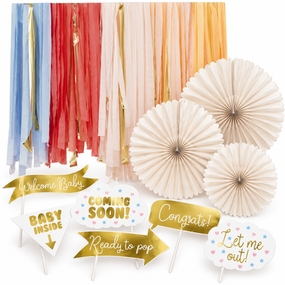 Babyshower – fotohörna – pastell och guld – samlat paketinnehåll