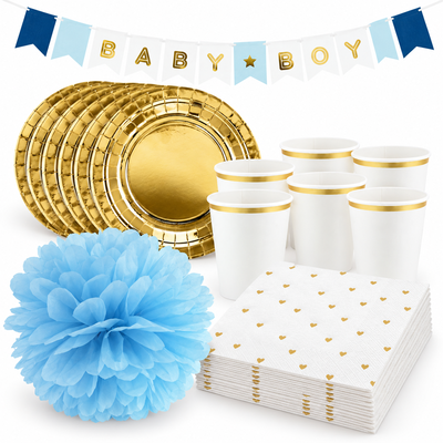 Babyshower pojke – guld och blått – fikapaket, 6 gäster – samlat paketinnehåll