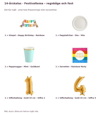 14-årskalas, Festivaltema – regnbåge och fest, kalaspaket, 6 gäster – innehåll och antal förpackningar