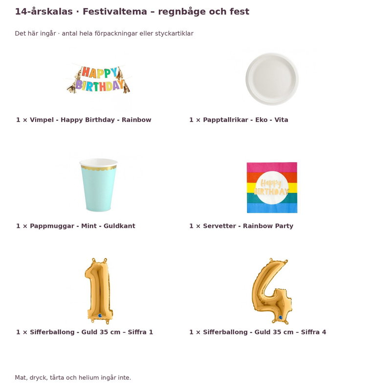 14-årskalas, Festivaltema – regnbåge och fest, kalaspaket, 6 gäster – innehåll och antal förpackningar