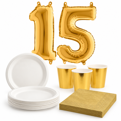 15-årskalas, Vitt och guld, kalaspaket, 6 gäster – paketets innehåll