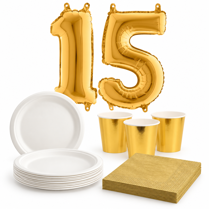 15-årskalas, Vitt och guld, kalaspaket, 6 gäster – paketets innehåll