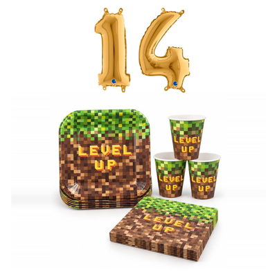 14-årskalas, Gamingkalas i pixeltema, kalaspaket, 8 gäster – sammansatt bild av paketets produkter