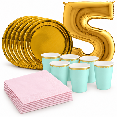 5-årskalas, Mint, rosa och guld, kalaspaket, 6 gäster – samlat paketinnehåll