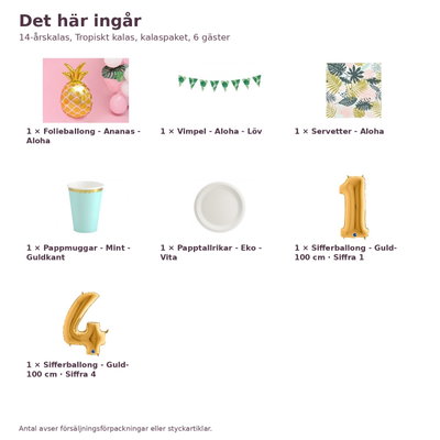 14-årskalas, Tropiskt kalas, kalaspaket, 6 gäster – innehåll och antal, sifferballong 100 cm