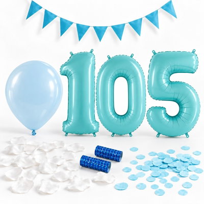 105-års festpaket, Blått, Stor – paketets dekorationer på vit bakgrund