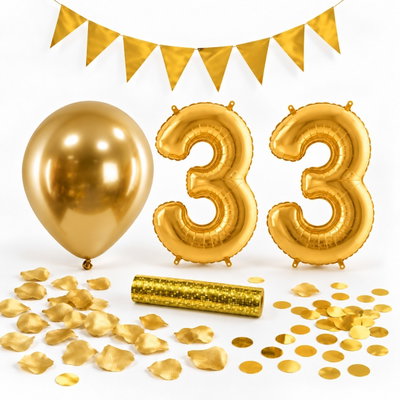 33-års festpaket, Guld, Stor – paketets dekorationer på vit bakgrund