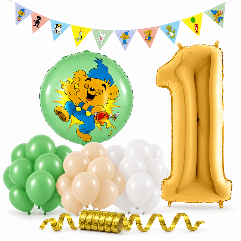 Bamse 1 år – dekorationspaket Skog – paketets produkter