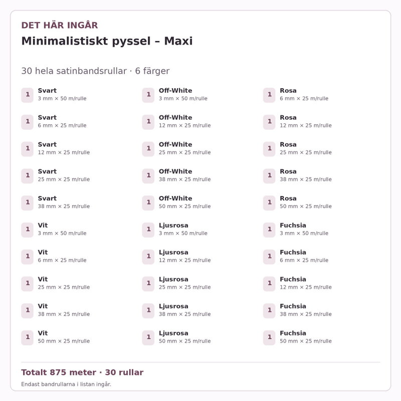 Det här ingår – Satinbandspaket – Minimalistiskt pyssel – Maxi – 30 rullar