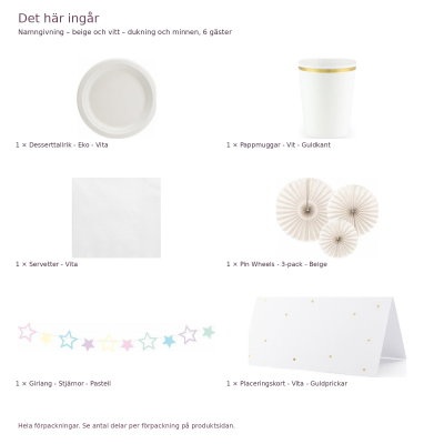 Namngivning – beige och vitt – dukning och minnen, 6 gäster – innehåll och antal förpackningar