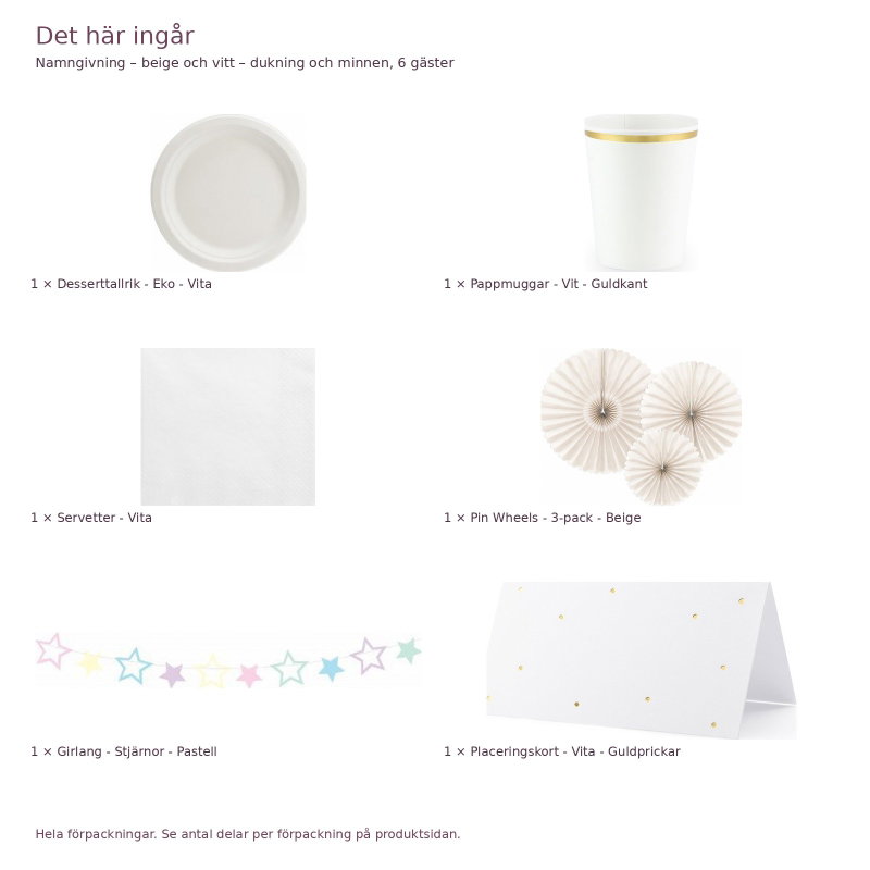Namngivning – beige och vitt – dukning och minnen, 6 gäster – innehåll och antal förpackningar