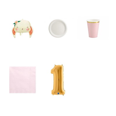 1-årskalas, Kaninkalas, kalaspaket, 6 gäster – paketets produkter med sifferballong 100 cm