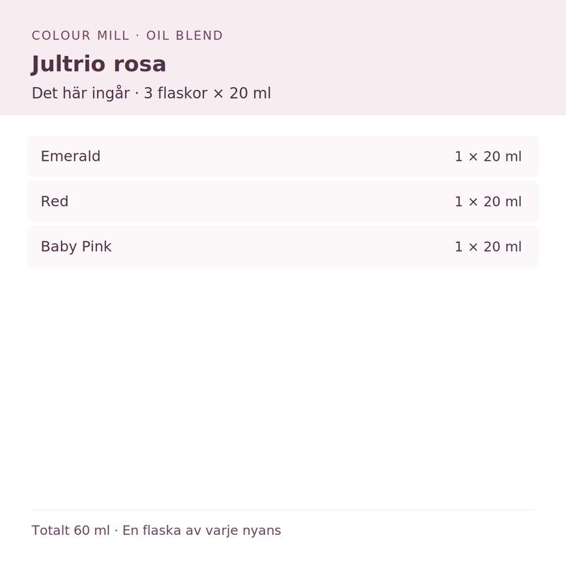Paketinnehåll: 1 × Emerald 20 ml, 1 × Red 20 ml, 1 × Baby Pink 20 ml