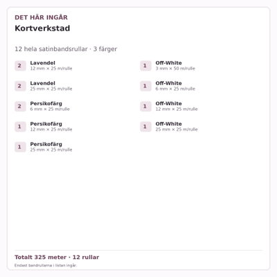 Det här ingår – Satinbandspaket – Kortverkstad – 12 rullar