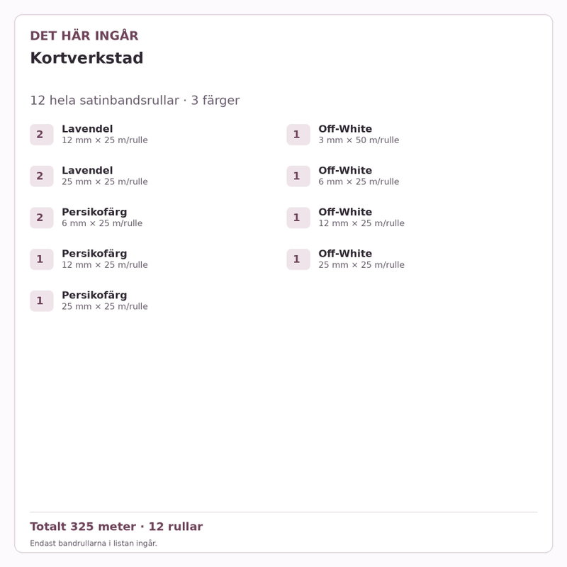 Det här ingår – Satinbandspaket – Kortverkstad – 12 rullar