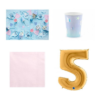 5-årskalas, Narwhal, kalaspaket, 6 gäster – paketets produkter med sifferballong 100 cm