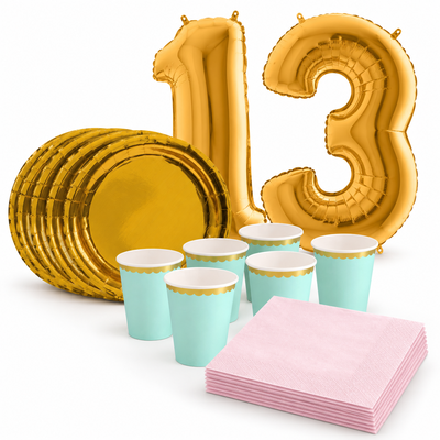 13-årskalas, Mint, rosa och guld, kalaspaket, 6 gäster – samlat paketinnehåll