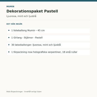 Mumin – dekorationspaket Pastell – innehåll och antal