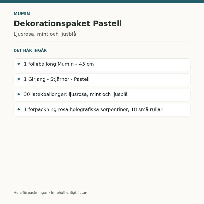 Mumin – dekorationspaket Pastell – innehåll och antal