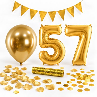 57-års festpaket, Guld, Stor – paketets dekorationer på vit bakgrund