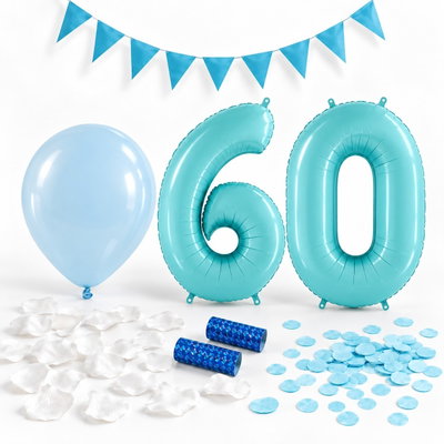 60-års festpaket, Blått, Stor – paketets dekorationer på vit bakgrund