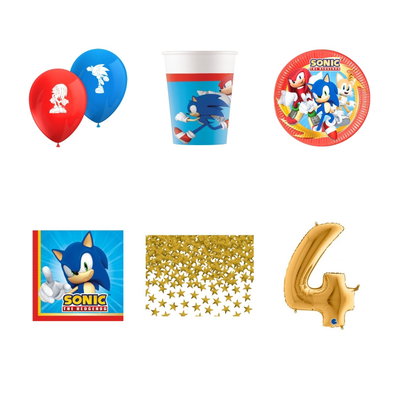 4-årskalas, Sonic, kalaspaket, 8 gäster – paketets produkter med sifferballong 100 cm