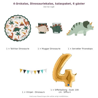 4-årskalas, Dinosauriekalas, kalaspaket, 6 gäster – innehåll och antal förpackningar
