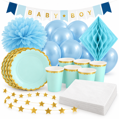 Babyshower pojke – mint och blått – fika och dekorationer, 6 gäster – samlat paketinnehåll