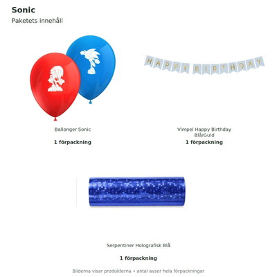 Sonic – dekorationspaket Bas – innehåll och antal