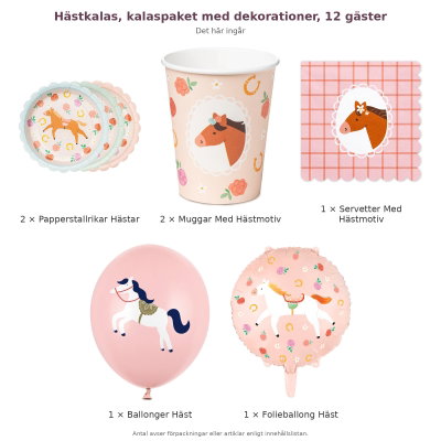 Hästkalas, kalaspaket med dekorationer, 12 gäster – innehåll och antal förpackningar