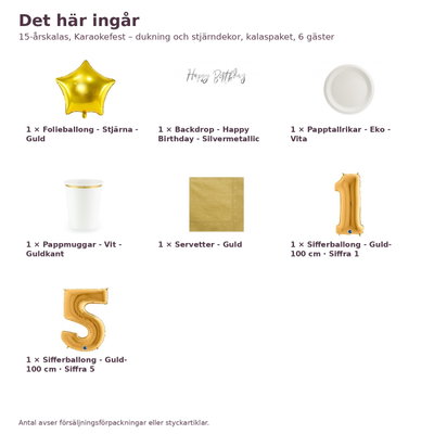 15-årskalas, Karaokefest – dukning och stjärndekor, kalaspaket, 6 gäster – innehåll och antal, sifferballong 100 cm
