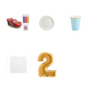 2-årskalas, Cars – Blixten McQueen, kalaspaket, 6 gäster – paketets produkter med sifferballong 100 cm