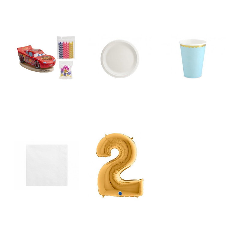 2-årskalas, Cars – Blixten McQueen, kalaspaket, 6 gäster – paketets produkter med sifferballong 100 cm