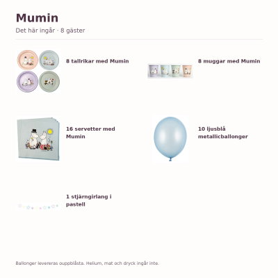 Mumin – kalaspaket Bas med dekorationer för 8 gäster – innehåll och antal