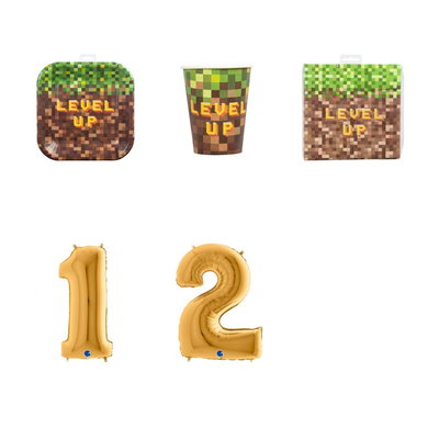 12-årskalas, Minecraft-kalas, kalaspaket, 8 gäster – paketets produkter med sifferballong 100 cm