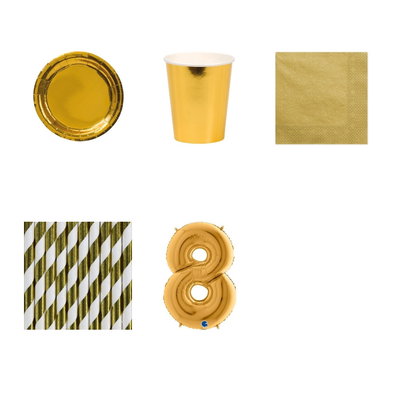 8-årskalas, Guld, kalaspaket, 8 gäster – paketets produkter med sifferballong 100 cm