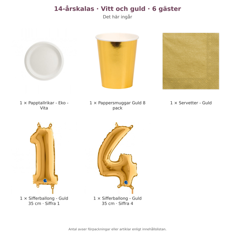 14-årskalas, Vitt och guld, kalaspaket, 6 gäster – innehåll och antal förpackningar