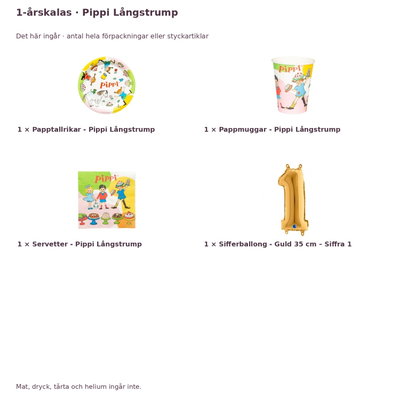 1-årskalas, Pippi Långstrump, kalaspaket, 8 gäster – innehåll och antal förpackningar