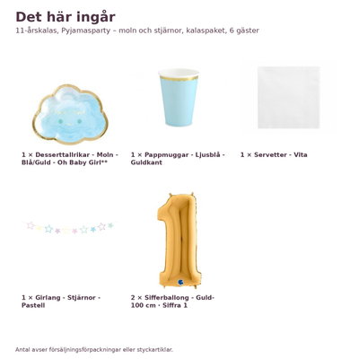 11-årskalas, Pyjamasparty – moln och stjärnor, kalaspaket, 6 gäster – innehåll och antal, sifferballong 100 cm