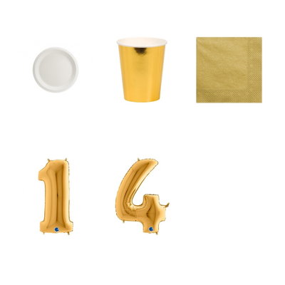 14-årskalas, Vitt och guld, kalaspaket, 6 gäster – paketets produkter med sifferballong 100 cm