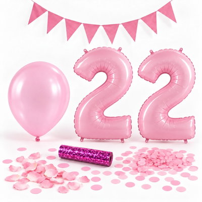 22-års festpaket, Rosa, Stor – paketets dekorationer på vit bakgrund